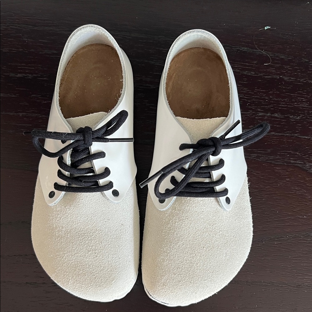 Birkenstock Cream and White Flats with Black Laces